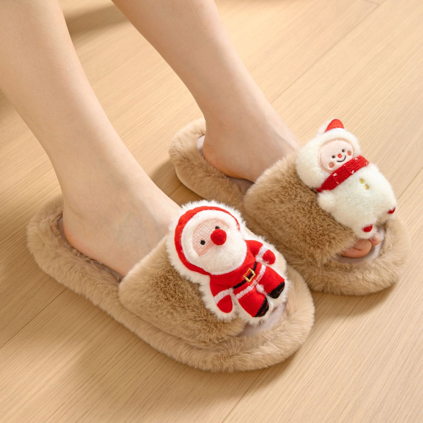 Christmas Shoes Ins Santa Claus Open-toe Cotton Slippers Winter Home Indoor Floor Plush Warm Furry Slippers Women