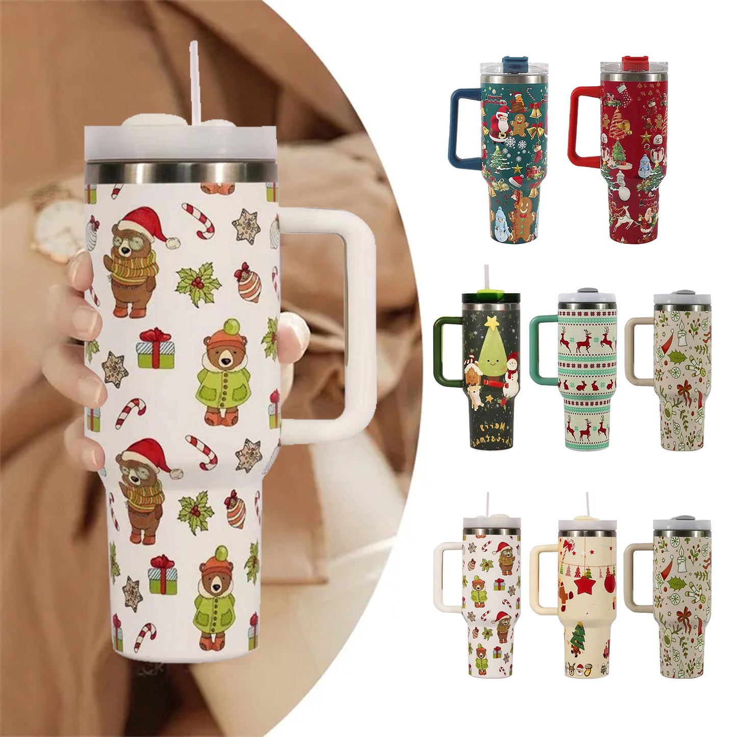 New Christmas Pattern Mug With Handle Lid Straw Drinkware Stainless Steel Vacuum Tumbler Large Capacity Car Travel Coffee Cup